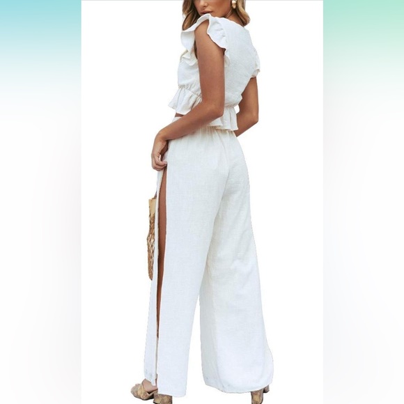FANCYINN 2 Piece Deep V Neck Crop Top Side Slit Drawstring Wide Leg Pants Set - Picture 2 of 12